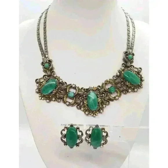VTG Selro Selini unsigned Emerald Green Cabochon Necklace & Earrings Catalog Pc - Picture 1 of 16